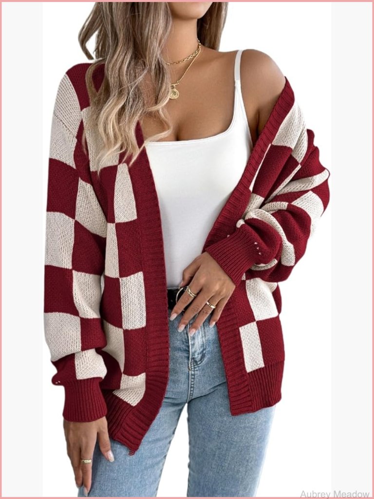 Chunky Cardigan Sweater Open Front Color Block Checkered Long Sleeve Knit Coat
